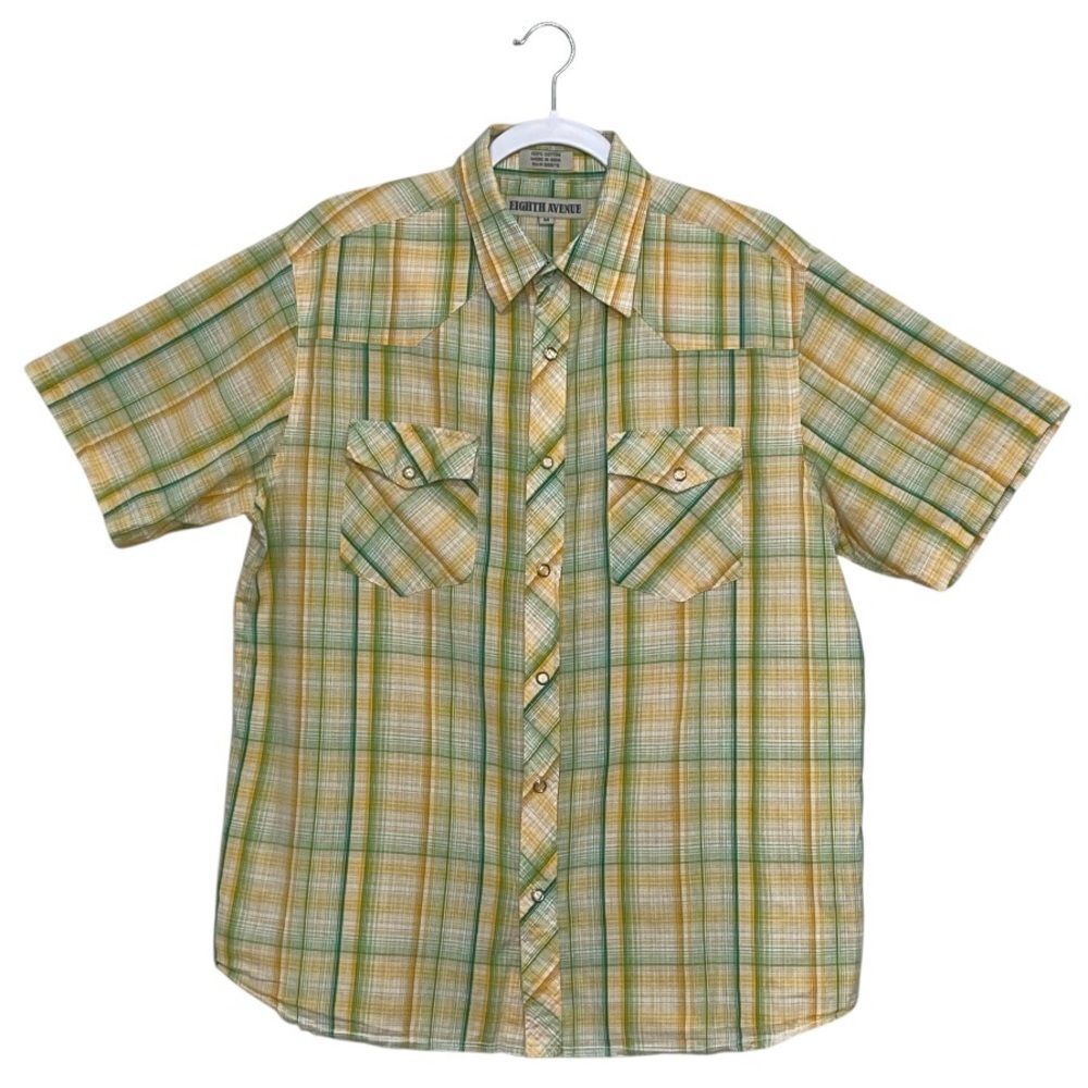 Eighth Avenue Western Snap Button Shirt Men M 100% Cotton Plaid Yellow Green